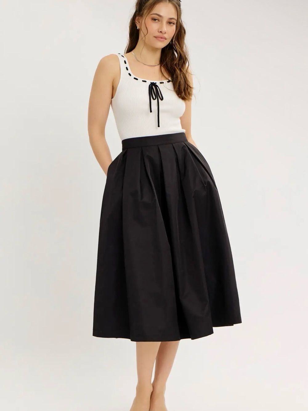 Black High Waisted Box Pleated A-Line Midi Skirt with Pockets NWT #D53